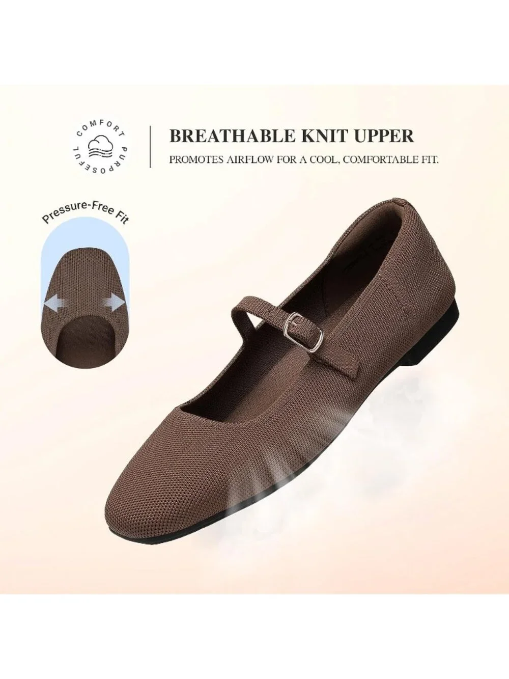 Women's Brown Knit Mary Jane Square Toe Stretchy Buckle Ballet Flat Casual Shoes